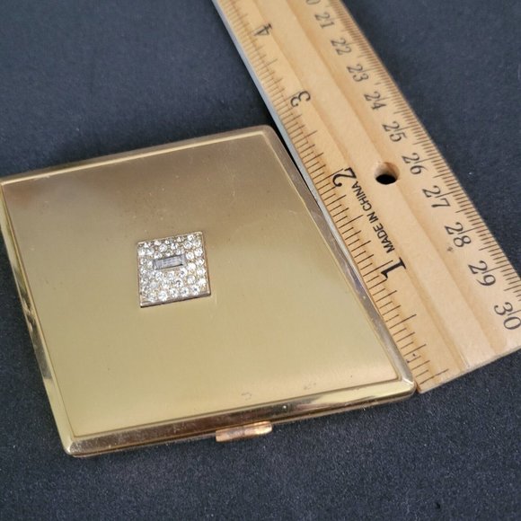 Women's Vintage Compact Makeup Mirror Jeweled Gold Hinged Folding 4" x 3" - Picture 9 of 9